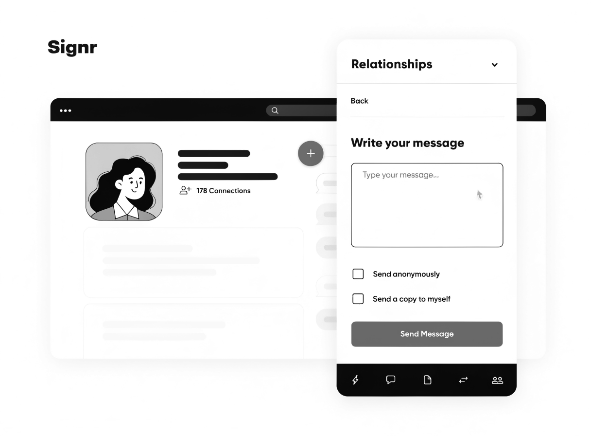 Signr chat box open on a LinkedIn profile with a message draft and send button.