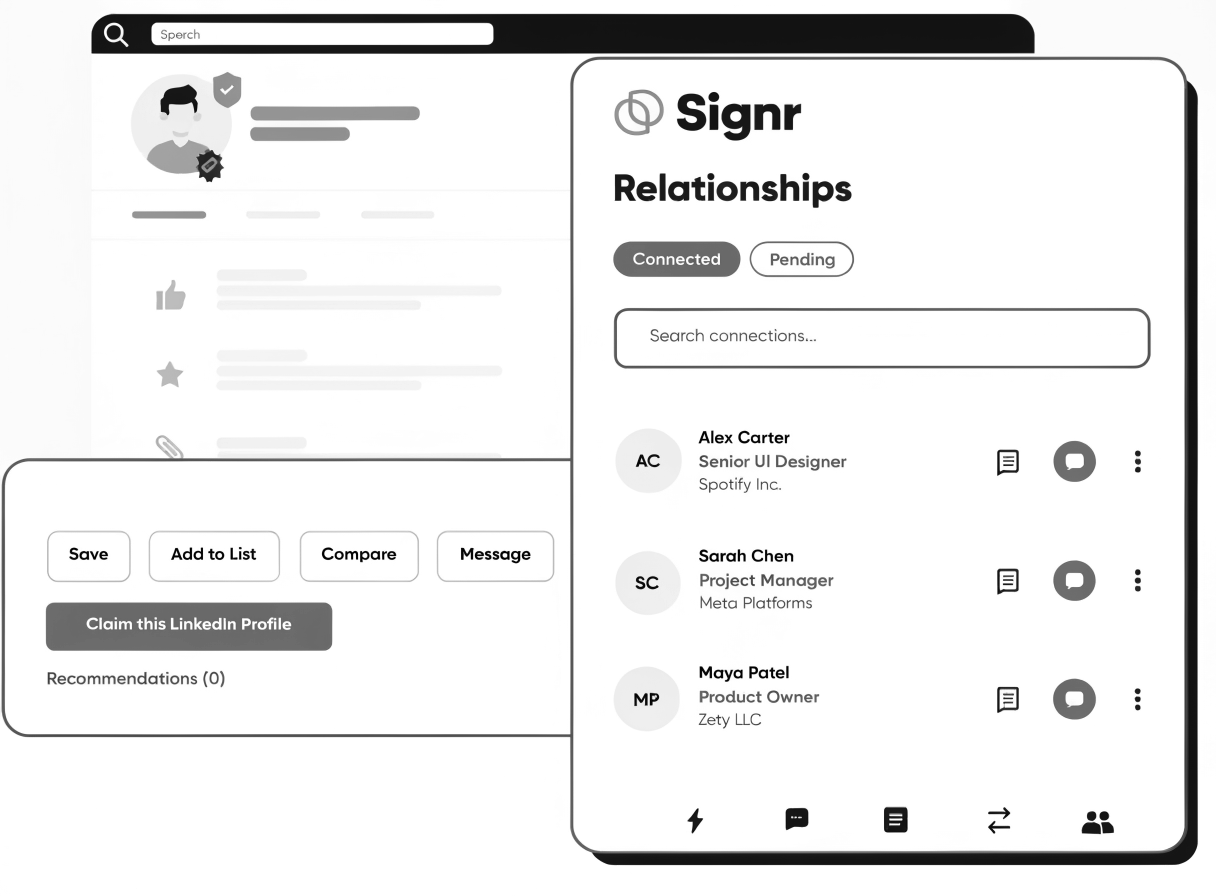 Signr overlay on a LinkedIn profile showing verified status, connection status, and a recent message thread.