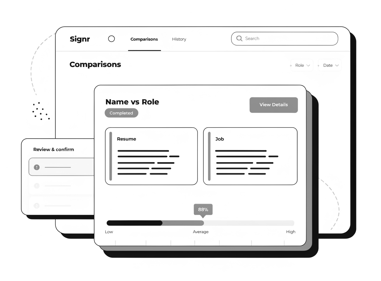 Screenshot of Signr showing a resume fit score, match reasons, must-haves, risks, and linked evidence.