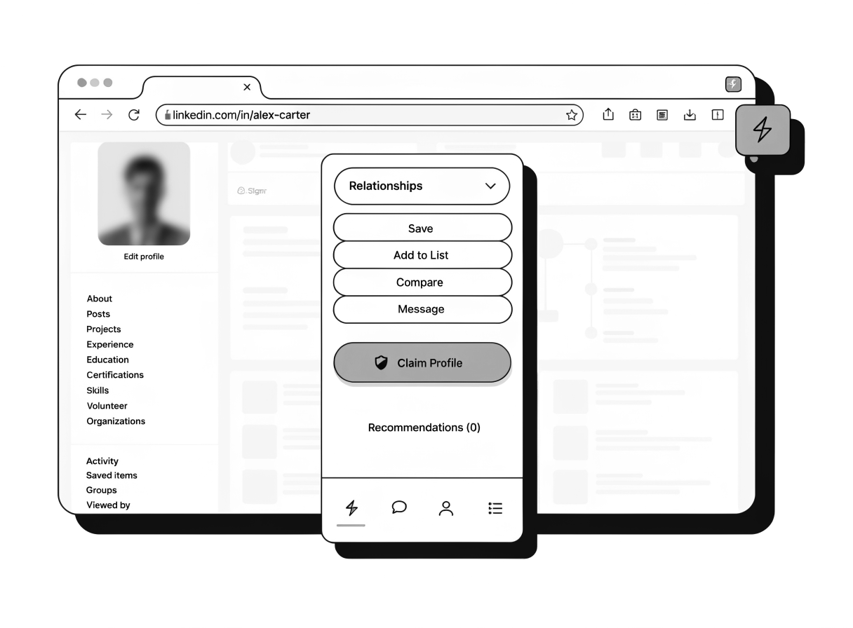 Screenshot of the Signr extension pinned in a browser toolbar with a LinkedIn profile overlay open on a webpage